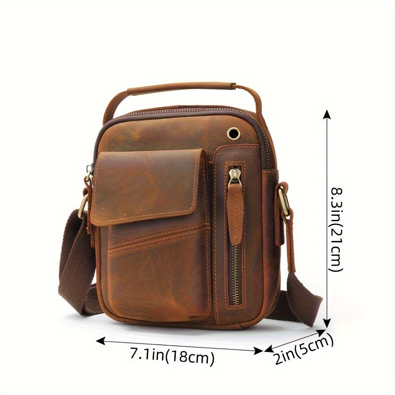 Crazy Horse Leather Shoulder Bag For Men, Fashionable Sling Bag For 7.9-in Tablet, Retro Crossbody Bag For Hanging Out & Daily Commute