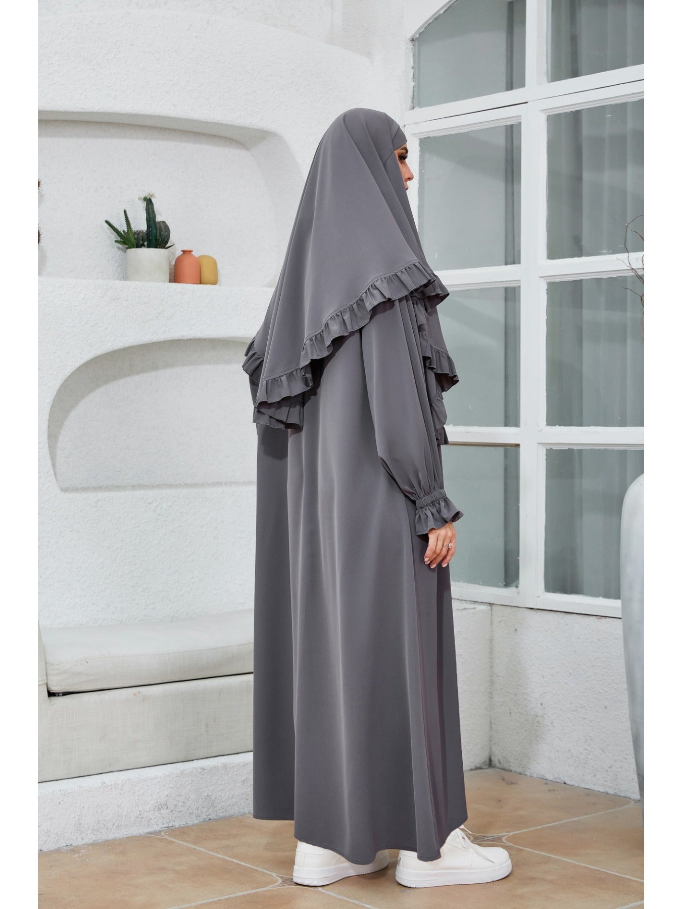 Polyester Women's Elegant Long Robe & Khimar Abaya Set | Turkish Dubai Style Hijab, Loose Fit, No Belt, Perfect for Spring/Summer, Middle Eastern Fashion, Long Sleeve